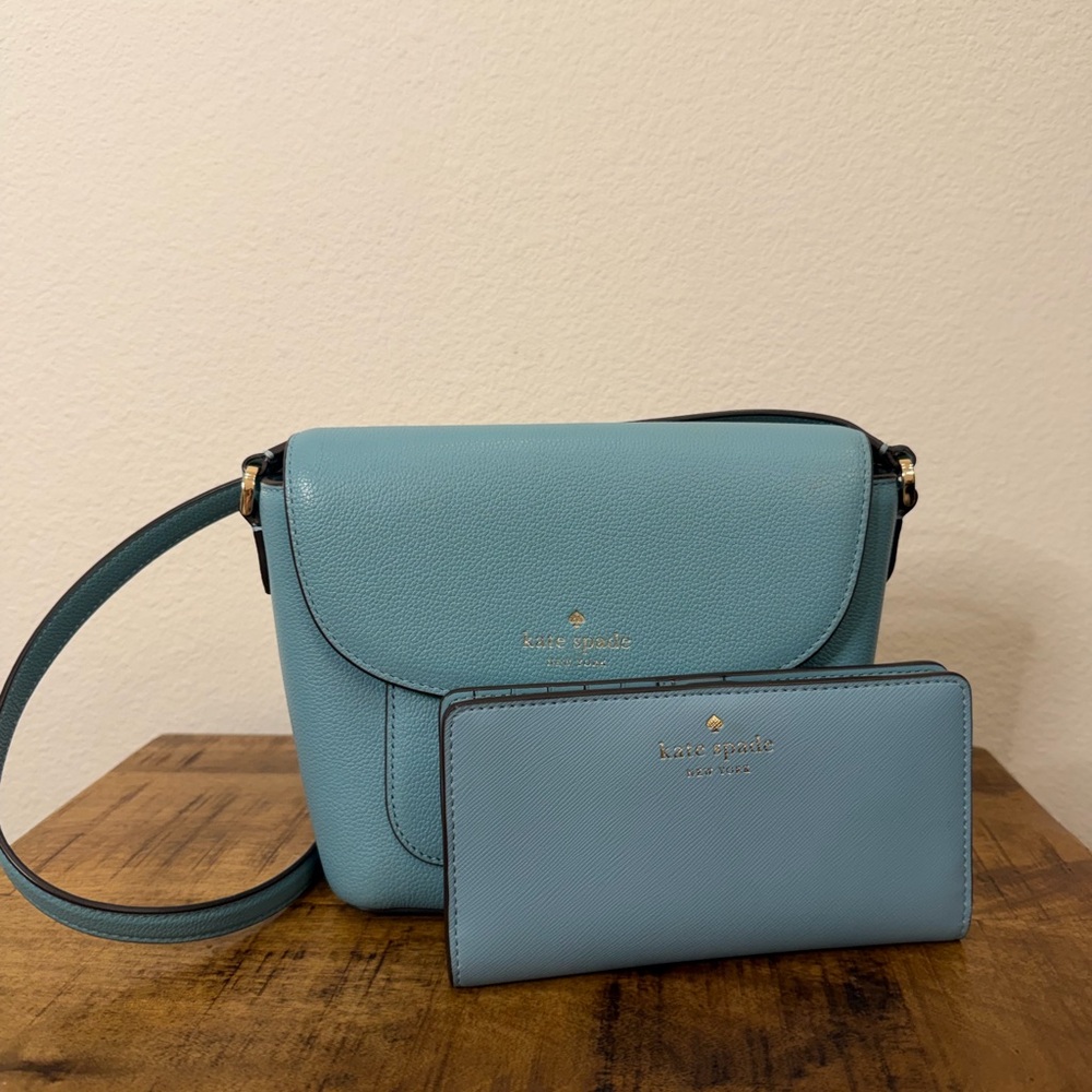 Kate Spade Smokey blue Elsie Crossbody Bag and LG bifold Schuyler Wallet Set